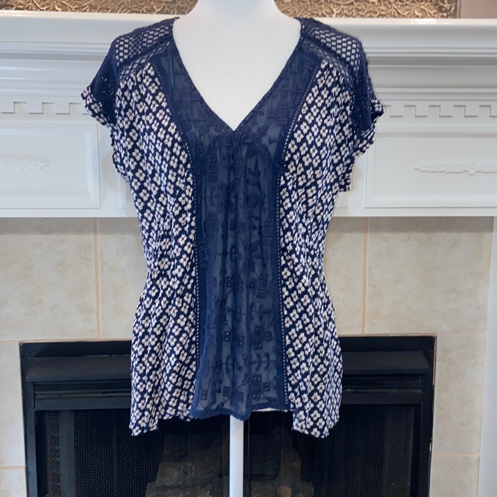 Miss Me Navy and White Lace-Panel V-Neck Top
